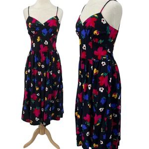Vintage Lanz Midi Dress Fit & Flare Cotton Floral Print Pockets Black Womens M